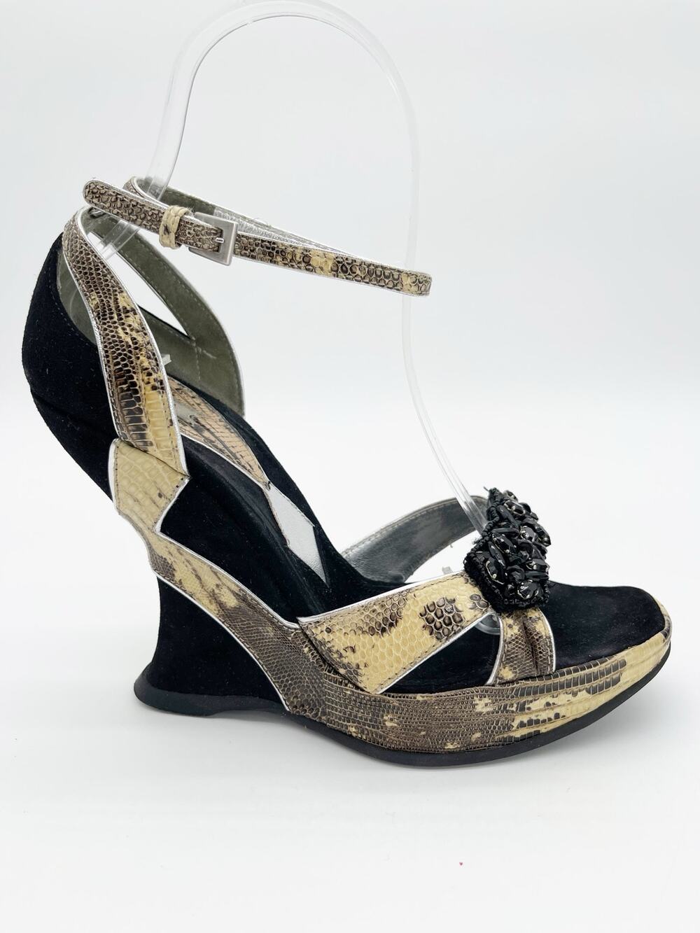 Prada Retro Y2K Black Reptile Embossed Suede Crystal Platform Wedges IT 36.5